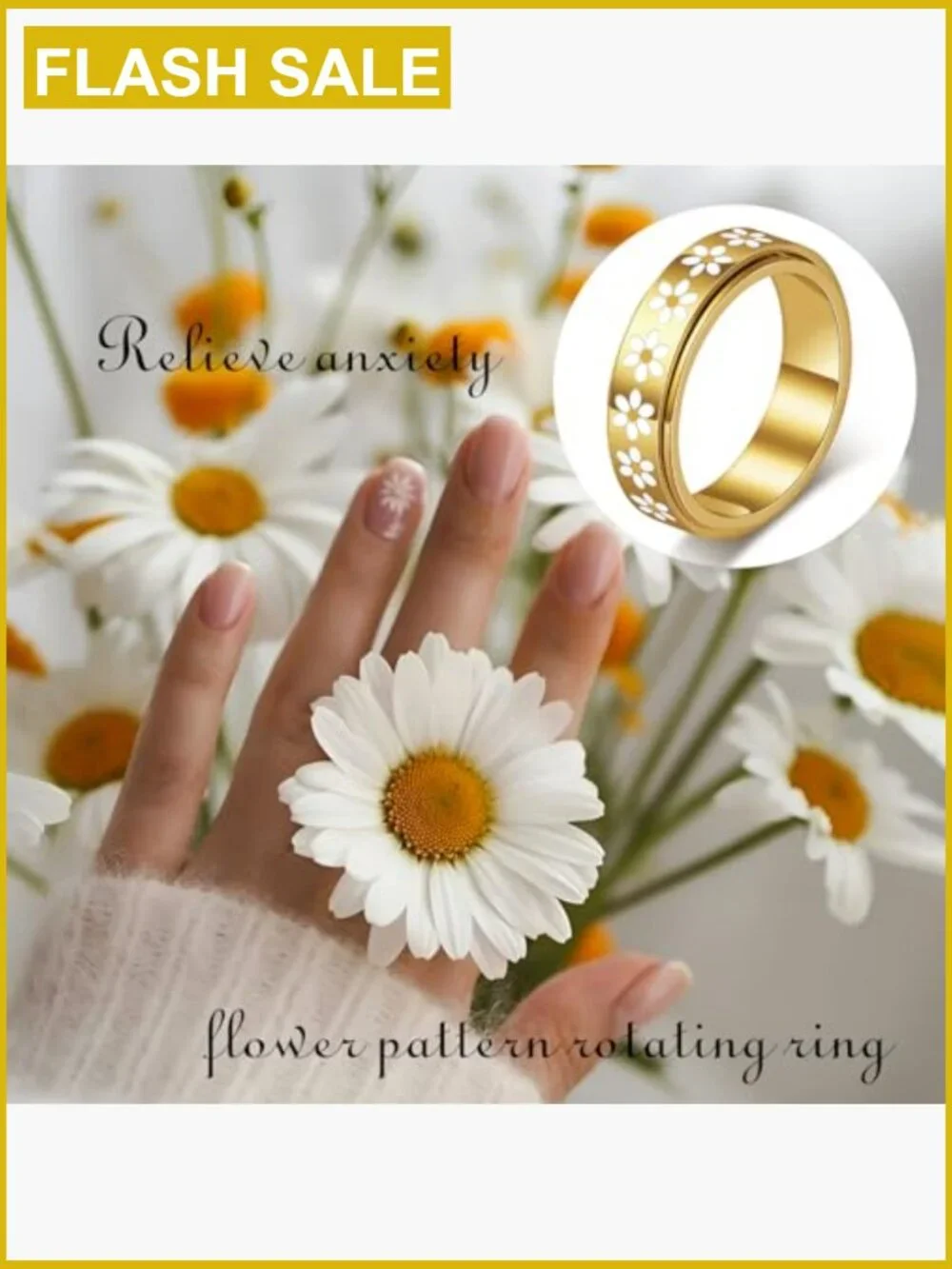 Daisy Fidget Ring Stainless Steel 18K Gold Plated Spinner Anxiety Relief Band